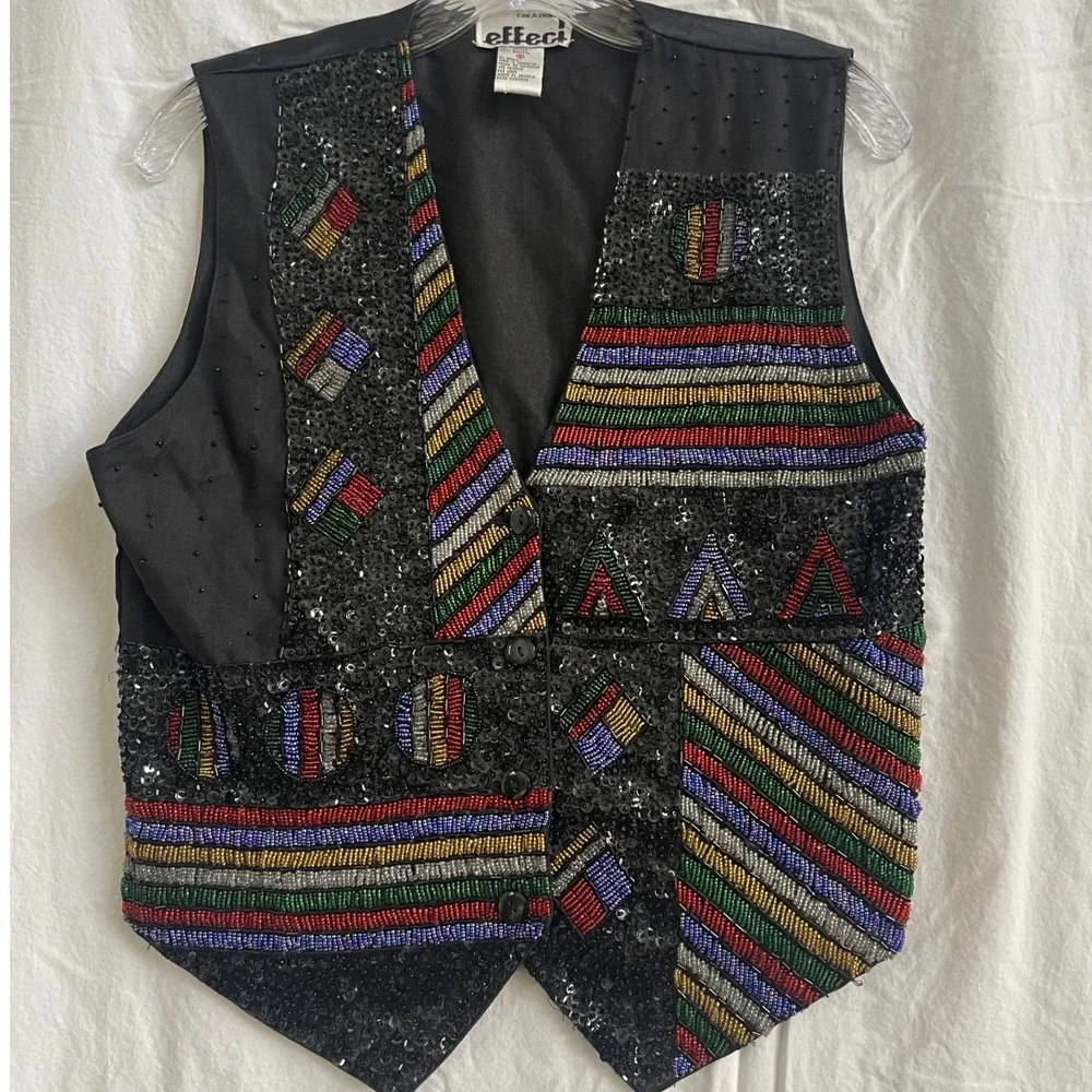 Effeci Black Beaded Sequin Vest Small Artsy Tribal Geo Party Top Boho Festival‎